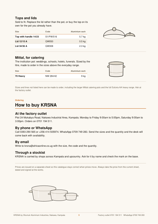 Page from the catalogue showing kettles and frying pans
