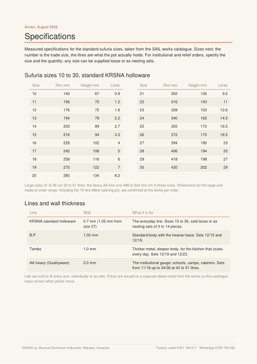 Page from the catalogue showing the full size and code tables